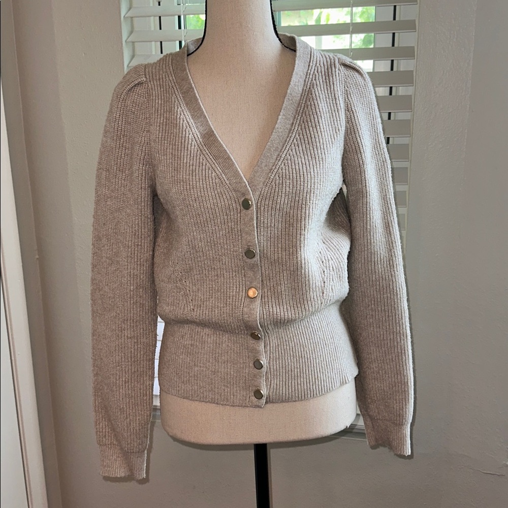 White House Black Market Beige V-Neck Button Front Women's Sweater Cardigan